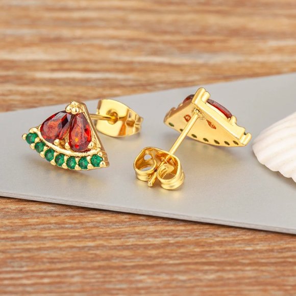 Watermelon Shape Cute Fruit Stud Earrings Copper Zircon - Picture 2 of 4
